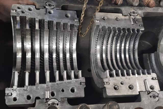 Refurbished seal strips fitted on the blade carrier halves ready for reassembly