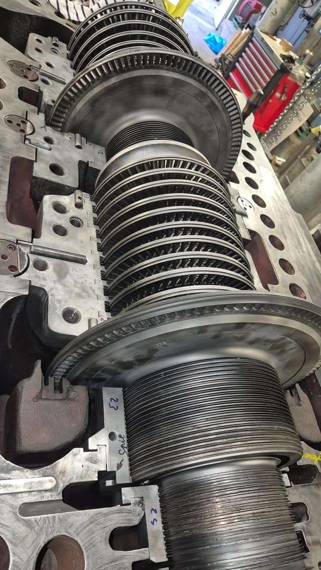 Refurbished rotor and stators reinstalled in the cleaned turbine casing