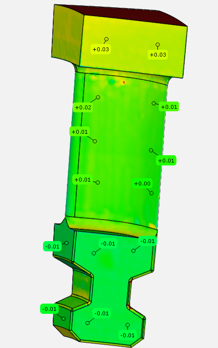 3D quality control heat map of a newly manufactured rotor blade with dimensional deviations in millimetres