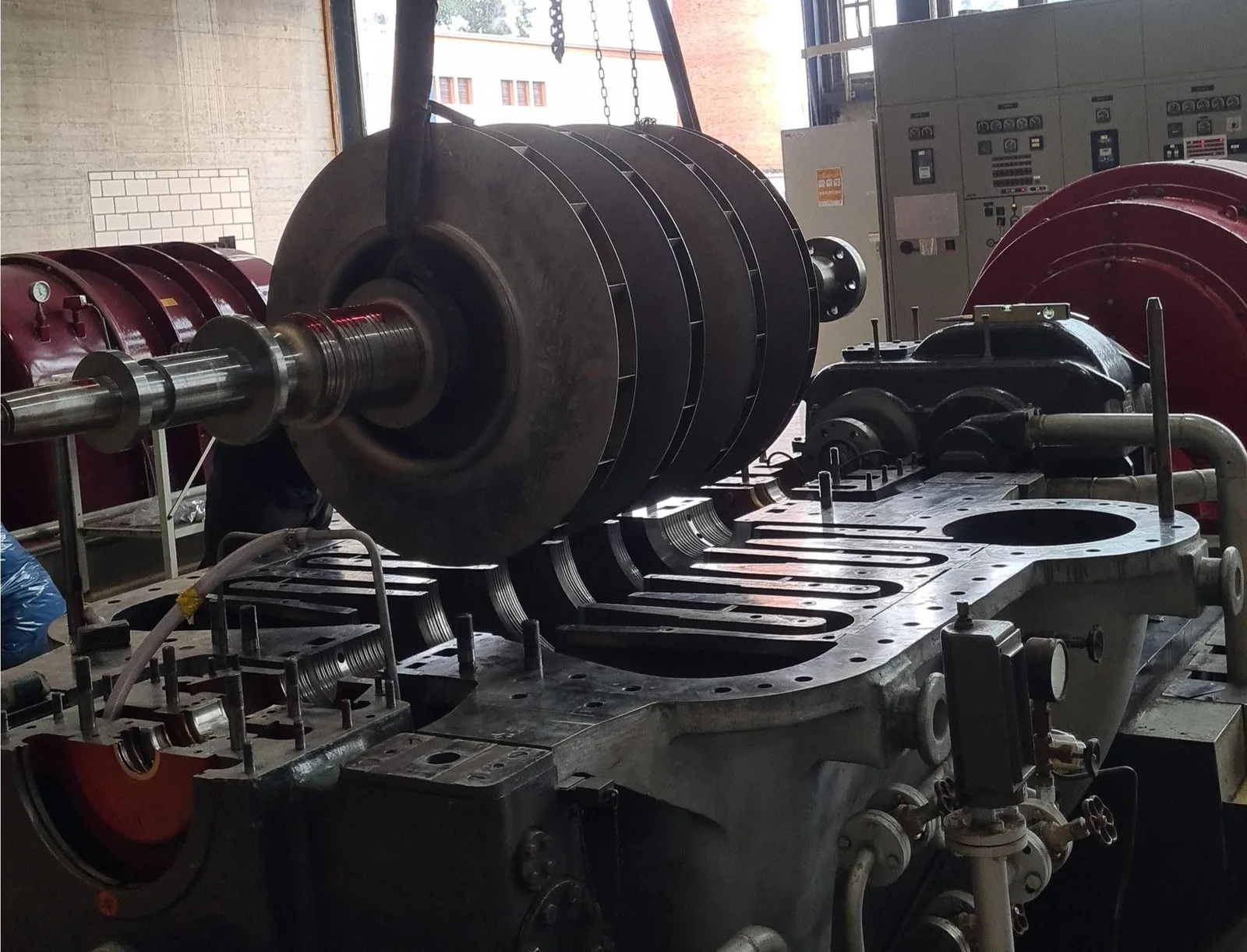 Escher Wyss / Brown Boveri 90-4A EK turbo compressor rotor being lowered into the casing