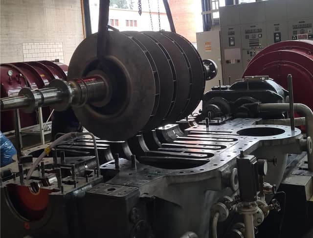 Escher Wyss / Brown Boveri 90-4A EK turbo compressor rotor being lowered into the casing