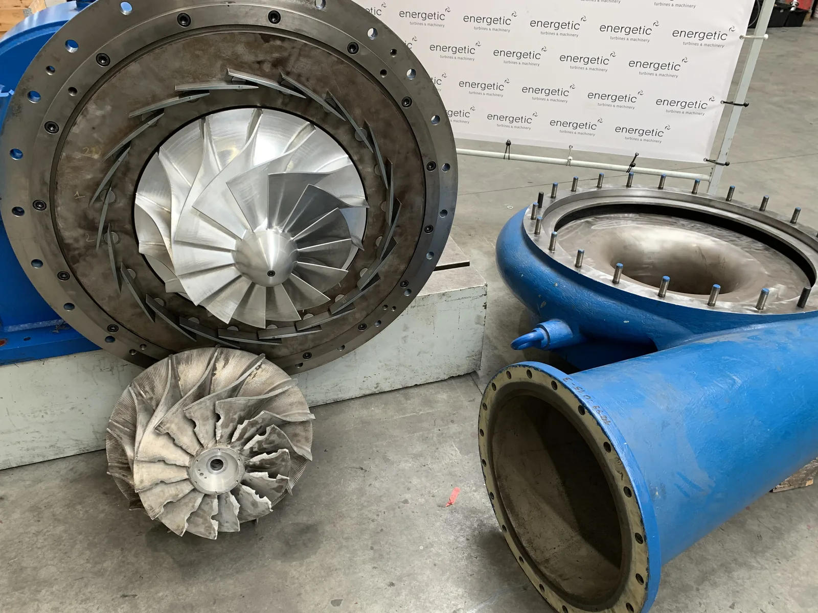 Schiele GX-420 turbo aeration blower — impeller, diffuser and volute at Energetic Machinery workshop