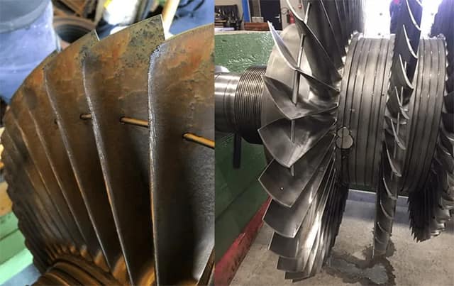 Erosion damage on last-stage blades vs. refurbished blade set