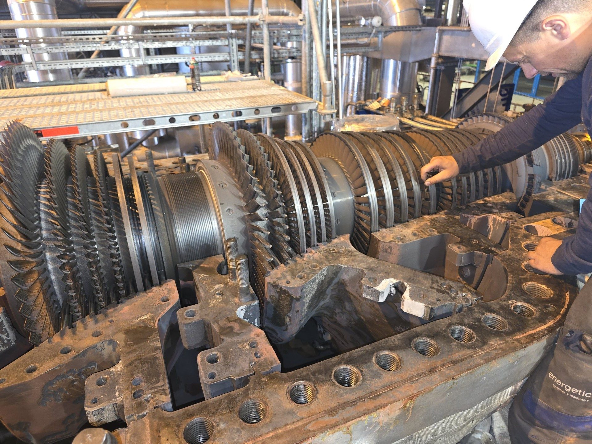 Steam turbine rotor disassembled for inspection in the workshop
