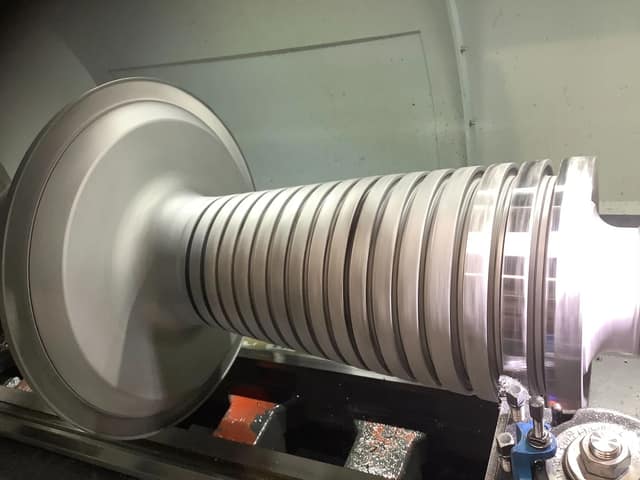 Brown Boveri DGSS rotor grooves being remachined on the lathe