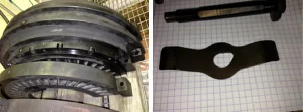 Guide vane assembly and failed bolt with damaged spring plate