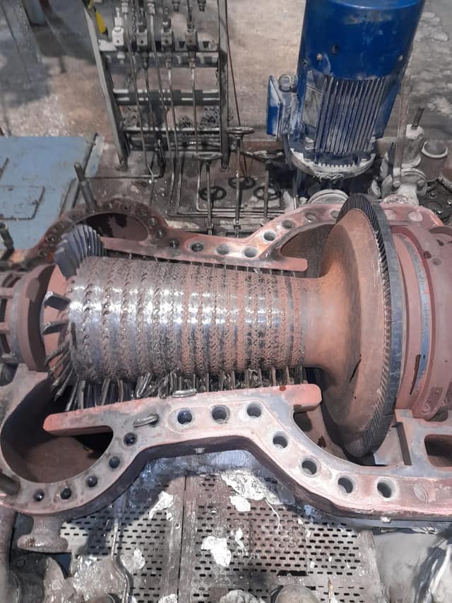 Brown Boveri DGSS rotor with sheared blades in the opened lower casing