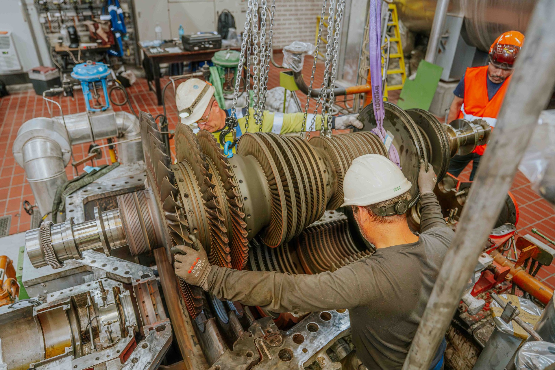 Steam turbine rotor in workshop during overhaul