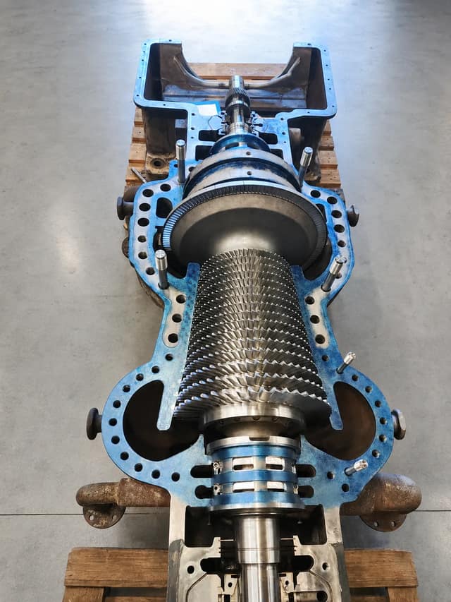 Rebladed Brown Boveri DGSS steam turbine rotor in the lower casing